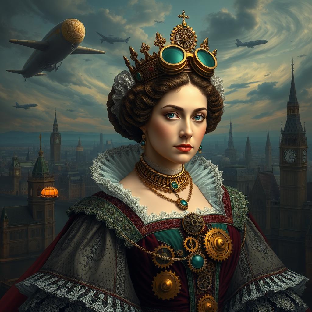 A depiction of Queen Elizabeth the First in a steampunk style, featuring intricate Victorian fashion with gears and cogs integrated into her elegant gown