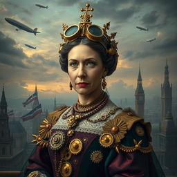 A depiction of Queen Elizabeth the First in a steampunk style, featuring intricate Victorian fashion with gears and cogs integrated into her elegant gown