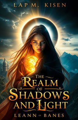 A fantasy book cover featuring a young mystic with half of her body in shimmering golden light and the other half cloaked in deep shadows