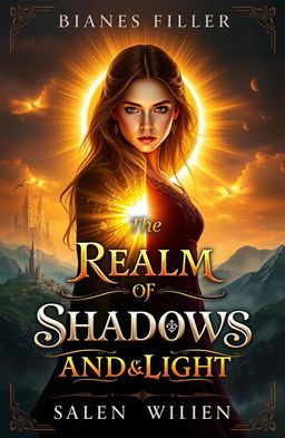 A fantasy book cover featuring a young mystic with half of her body in shimmering golden light and the other half cloaked in deep shadows