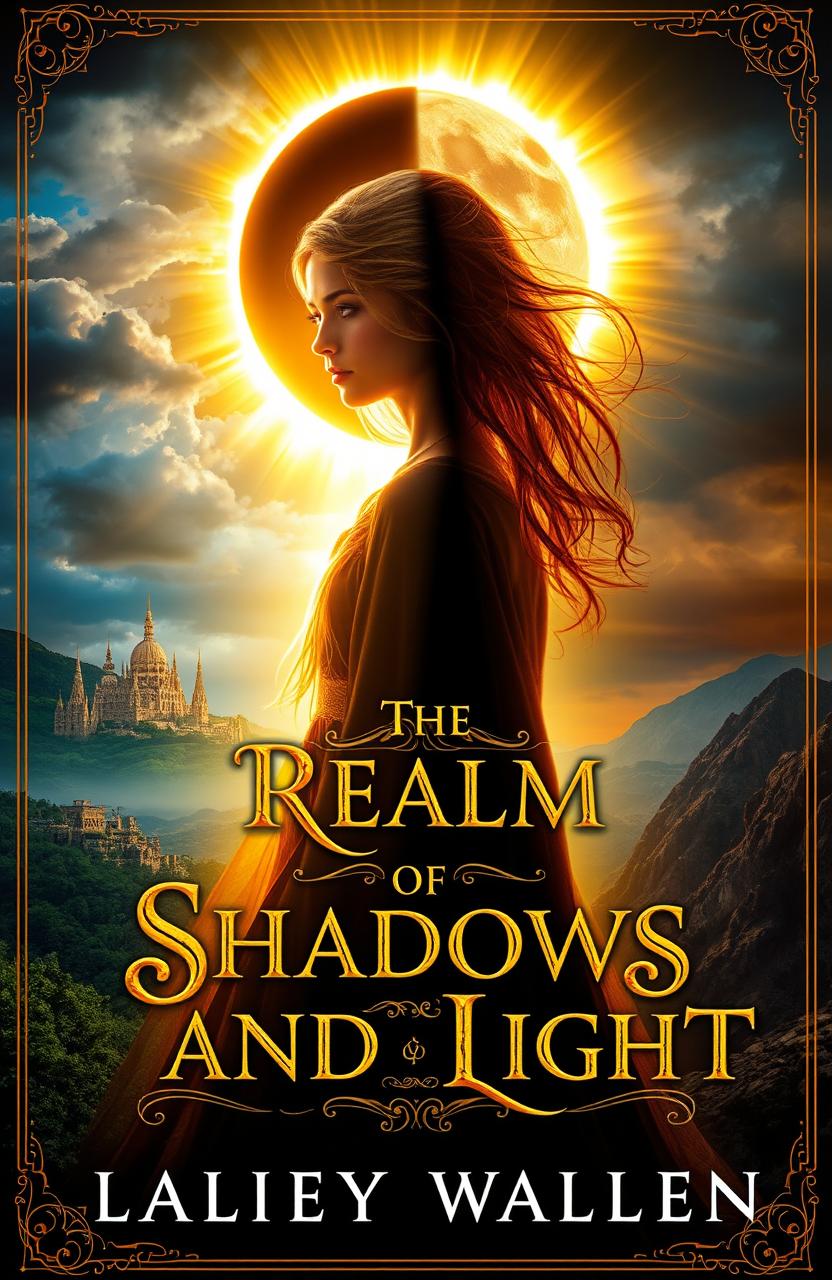 A fantasy book cover featuring a young mystic with half of her body in shimmering golden light and the other half cloaked in deep shadows
