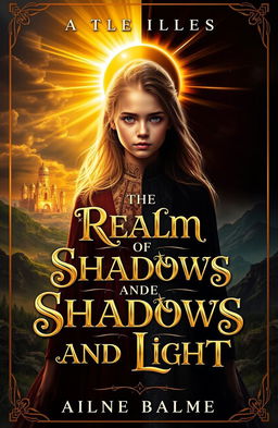 A fantasy book cover featuring a young mystic with half of her body in shimmering golden light and the other half cloaked in deep shadows
