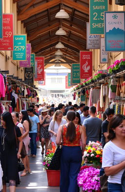 A lively shopping scene in a vibrant market, filled with colorful stalls and cheerful shoppers