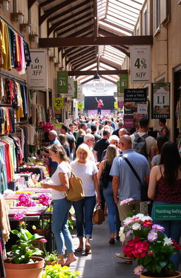 A lively shopping scene in a vibrant market, filled with colorful stalls and cheerful shoppers