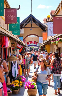 A lively shopping scene in a vibrant market, filled with colorful stalls and cheerful shoppers
