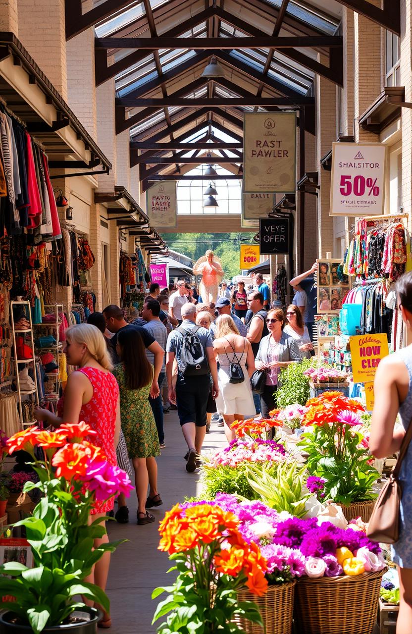 A lively shopping scene in a vibrant market, filled with colorful stalls and cheerful shoppers