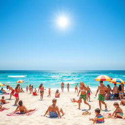 A vibrant summer beach scene filled with diverse groups of people enjoying their day