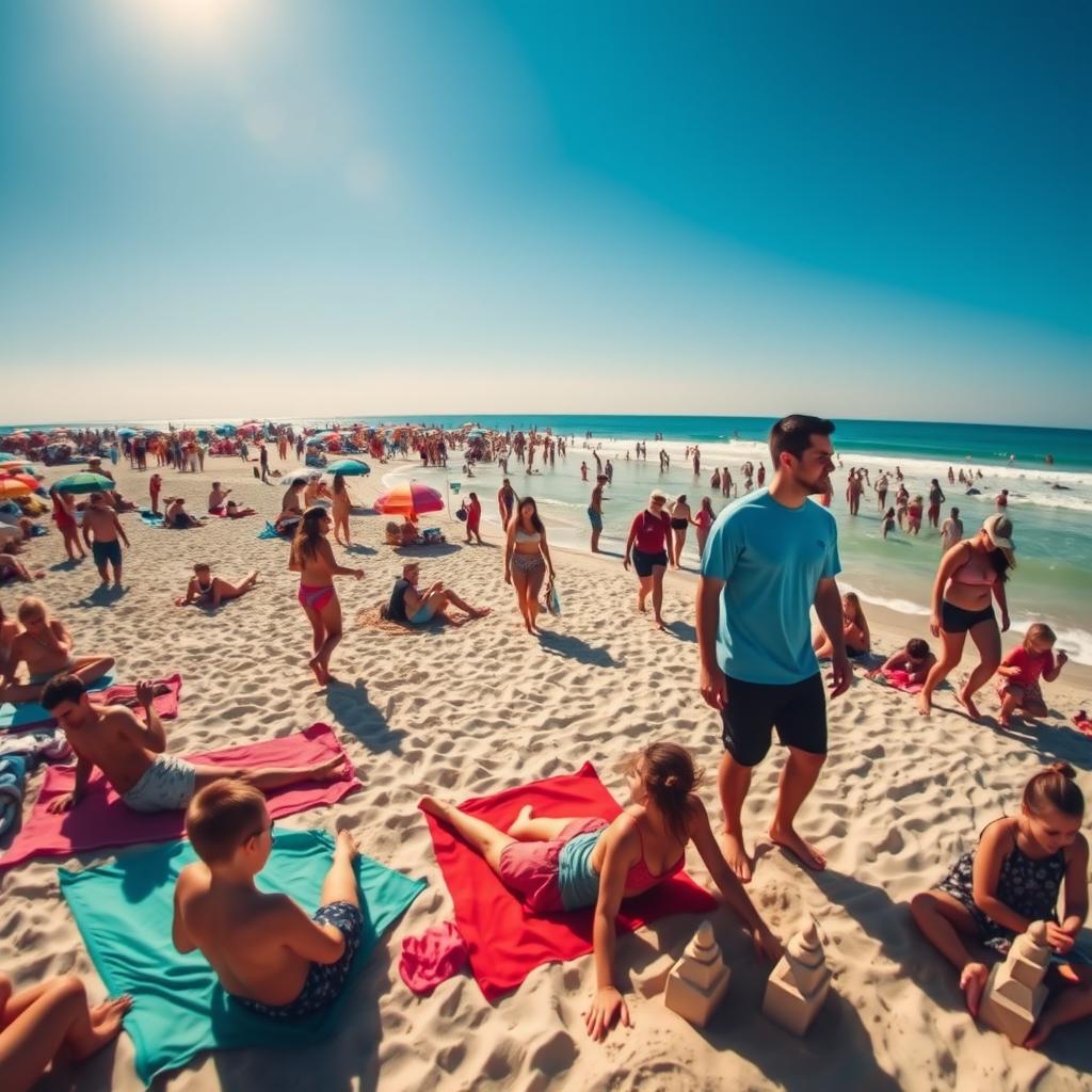 A vibrant summer beach scene filled with diverse groups of people enjoying their day