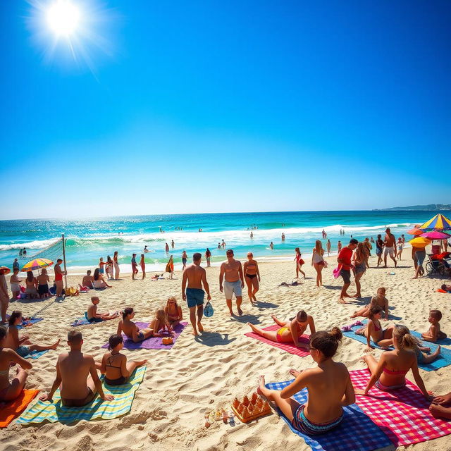 A vibrant summer beach scene filled with diverse groups of people enjoying their day