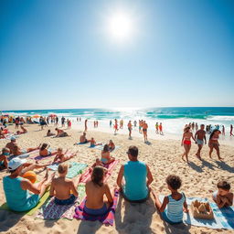 A vibrant summer beach scene filled with diverse groups of people enjoying their day