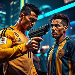 A dramatic and intense scene featuring two famous soccer players, Cristiano Ronaldo and Neymar, in a high-stakes confrontation