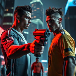A dramatic and intense scene featuring two famous soccer players, Cristiano Ronaldo and Neymar, in a high-stakes confrontation