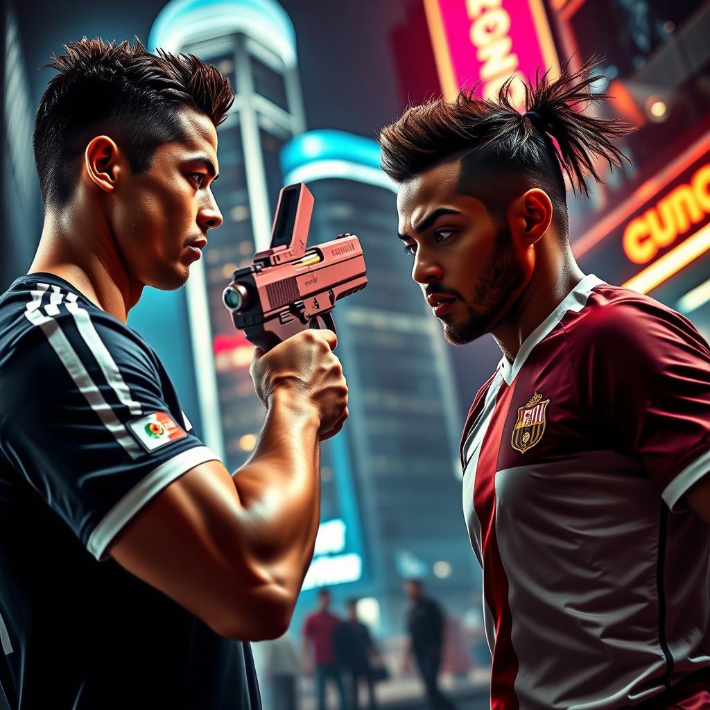 A dramatic and intense scene featuring two famous soccer players, Cristiano Ronaldo and Neymar, in a high-stakes confrontation