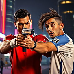 A dramatic and intense scene featuring two famous soccer players, Cristiano Ronaldo and Neymar, in a high-stakes confrontation