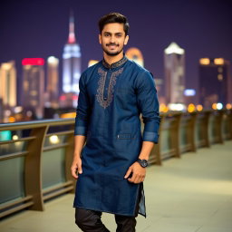 A fashionable man wearing a stylish denim kurta, showcasing intricate embroidery and a relaxed fit