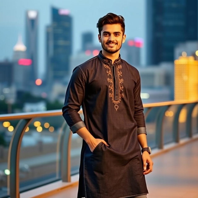 A fashionable man wearing a stylish denim kurta, showcasing intricate embroidery and a relaxed fit
