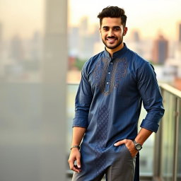A fashionable man wearing a stylish denim kurta, showcasing intricate embroidery and a relaxed fit