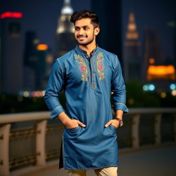 A fashionable man wearing a stylish denim kurta, showcasing intricate embroidery and a relaxed fit