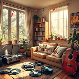 A harmonious blend of a cozy home environment infused with musical elements