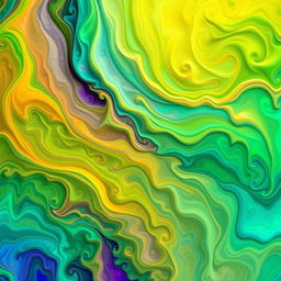 A vibrant and colorful abstract background featuring an intricate, swirling pattern of vivid greens, blues, and oranges, interspersed with soft gradients and delicate textures that give a sense of depth and movement