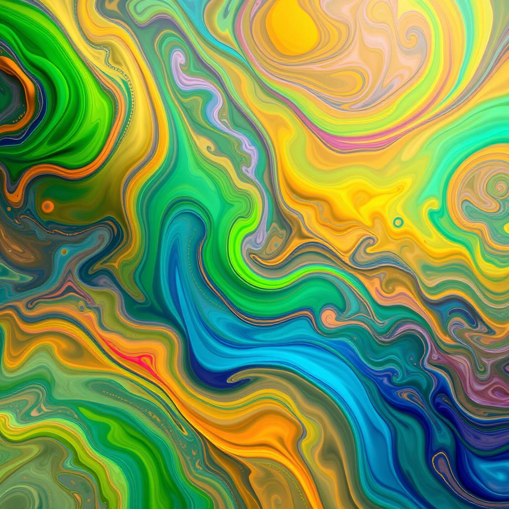 A vibrant and colorful abstract background featuring an intricate, swirling pattern of vivid greens, blues, and oranges, interspersed with soft gradients and delicate textures that give a sense of depth and movement