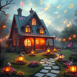 An enchanting scene where a house is seamlessly integrated with music