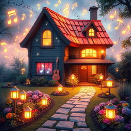 An enchanting scene where a house is seamlessly integrated with music