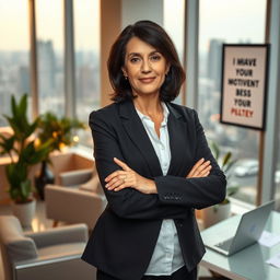 A confident office boss standing with arms crossed in a modern corporate office space