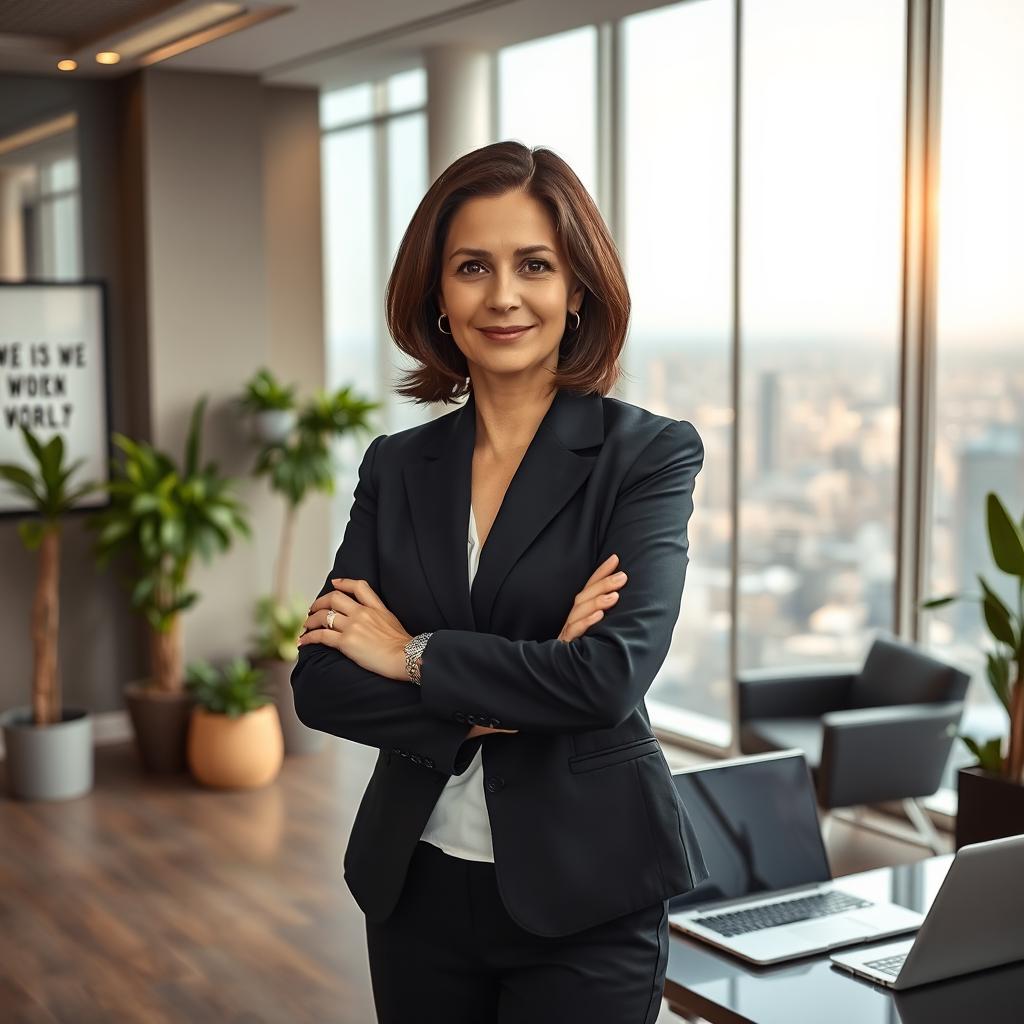 A confident office boss standing with arms crossed in a modern corporate office space