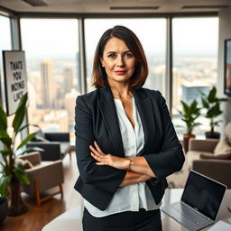 A confident office boss standing with arms crossed in a modern corporate office space