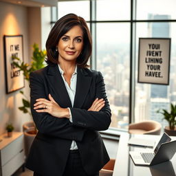 A confident office boss standing with arms crossed in a modern corporate office space