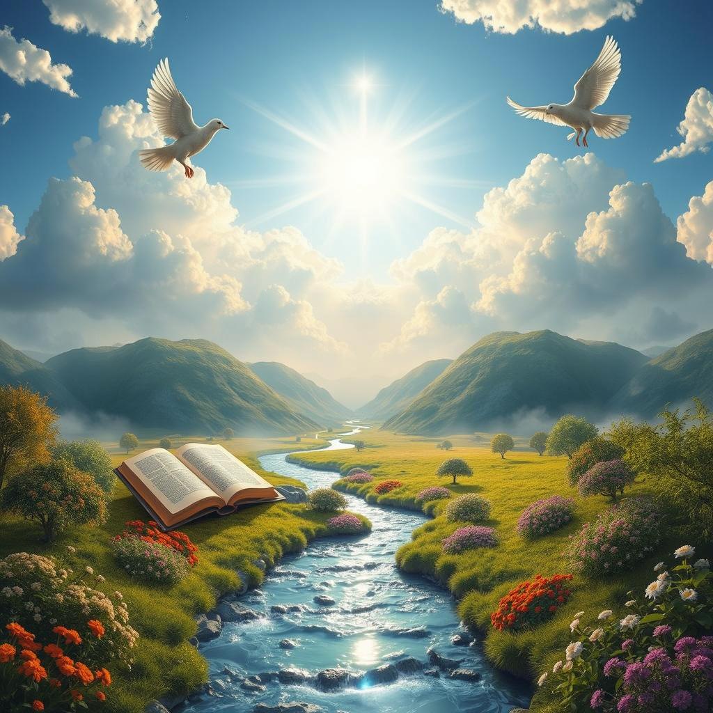 A serene landscape with a beautiful river winding through green hills, surrounded by vibrant flowers