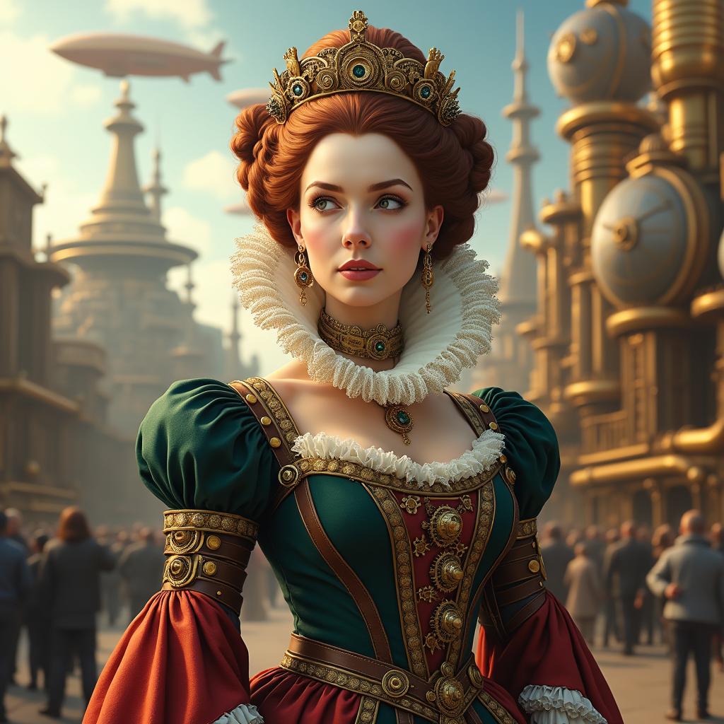 A stunning depiction of Queen Elizabeth I in a steampunk universe, wearing a detailed Victorian gown embellished with intricate gears, leather straps, and brass accents