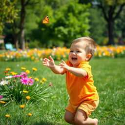 A cute chubby boy playing happily in a sunny park, wearing a bright colored t-shirt and shorts, surrounded by green grass and colorful flowers