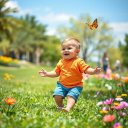 A cute chubby boy playing happily in a sunny park, wearing a bright colored t-shirt and shorts, surrounded by green grass and colorful flowers