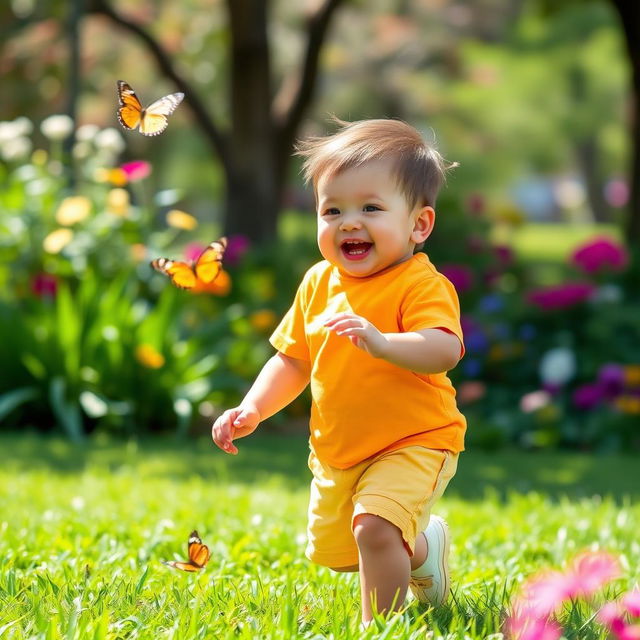 A cute chubby boy playing happily in a sunny park, wearing a bright colored t-shirt and shorts, surrounded by green grass and colorful flowers