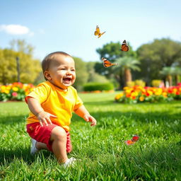 A cute chubby boy playing happily in a sunny park, wearing a bright colored t-shirt and shorts, surrounded by green grass and colorful flowers