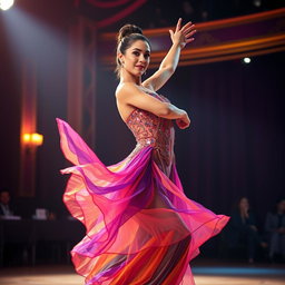 A beautiful and elegant dancer performing on stage, gracefully flowing with the movement of her dance