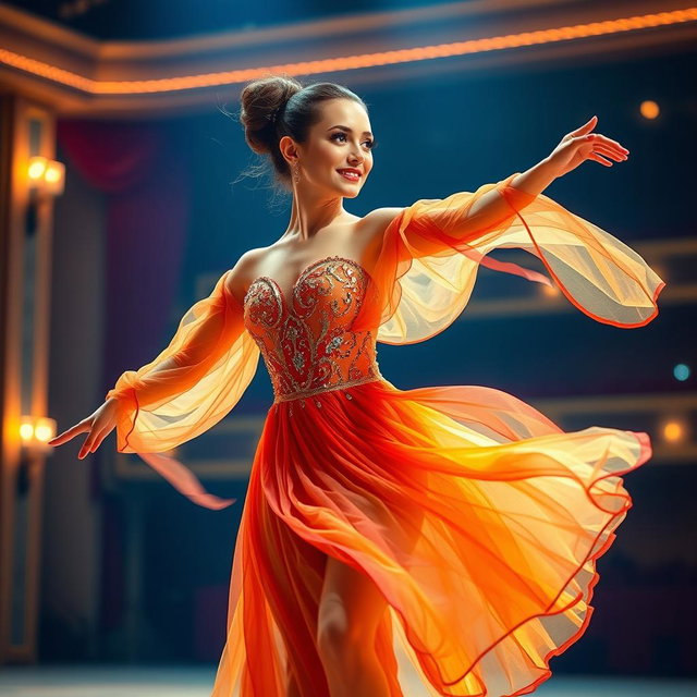 A beautiful and elegant dancer performing on stage, gracefully flowing with the movement of her dance