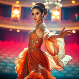 A beautiful and elegant dancer performing on stage, gracefully flowing with the movement of her dance