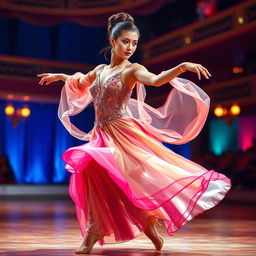 A beautiful and elegant dancer performing on stage, gracefully flowing with the movement of her dance