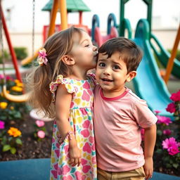A playful scene of a young girl and a young boy sharing a sweet moment in a colorful playground