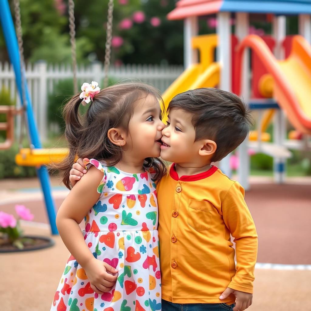 A playful scene of a young girl and a young boy sharing a sweet moment in a colorful playground