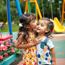 A playful scene of a young girl and a young boy sharing a sweet moment in a colorful playground