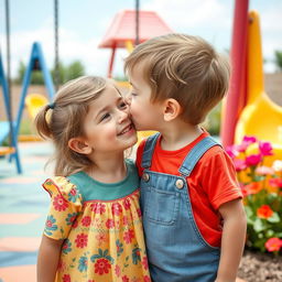 A playful scene of a young girl and a young boy sharing a sweet moment in a colorful playground