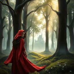 A fairytale book cover featuring a young woman in a flowing red cloak, standing in a magical forest with tall, ancient trees
