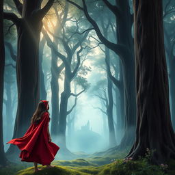 A fairytale book cover featuring a young woman in a flowing red cloak, standing in a magical forest with tall, ancient trees