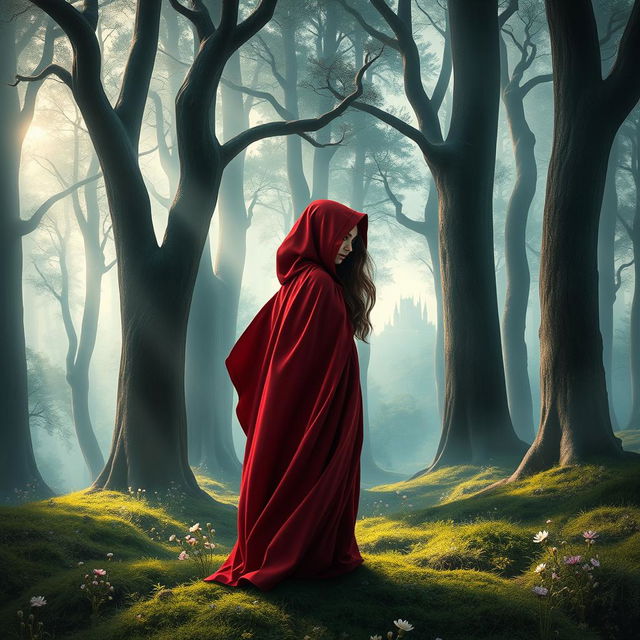 A fairytale book cover featuring a young woman in a flowing red cloak, standing in a magical forest with tall, ancient trees