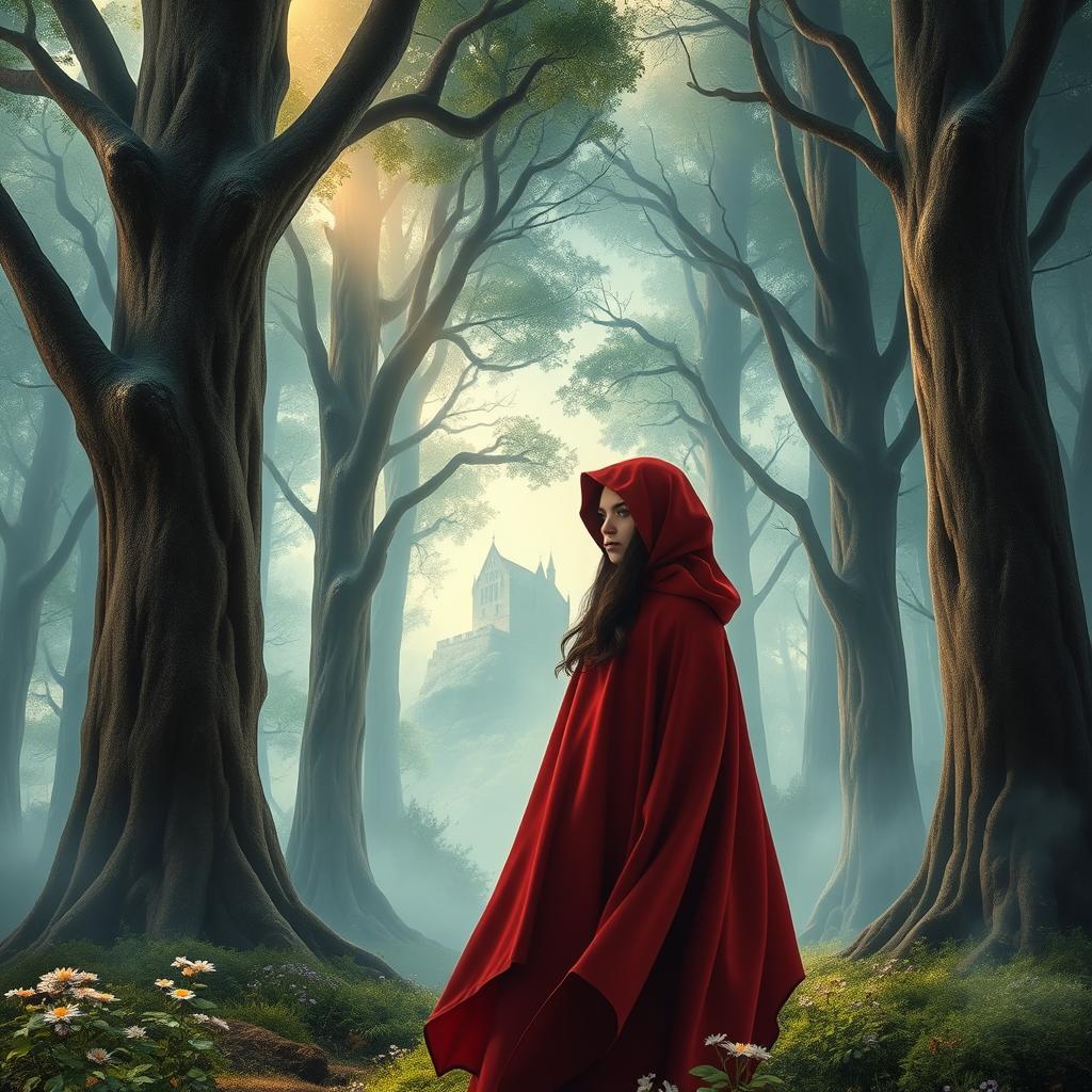 A fairytale book cover featuring a young woman in a flowing red cloak, standing in a magical forest with tall, ancient trees