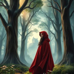 A fairytale book cover featuring a young woman in a flowing red cloak, standing in a magical forest with tall, ancient trees
